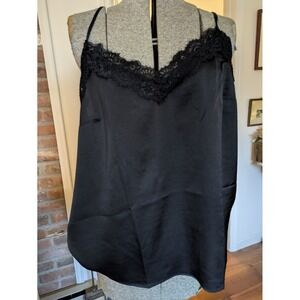 Loft Size Large Black Lace Trim Satin Tank Cami Y2K Coquette Dark Romantic